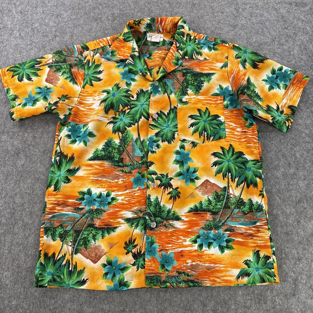 Vintage Hukilau Fashions Shirt Mens Large Orange Hawaiian Aloha Floral 70s